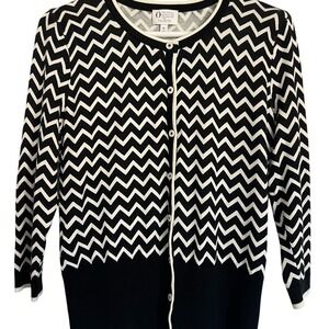 Talbots Women's Sweater Sz MP Black White‎ Zig Zag Button Lightweight 3/4 Sleeve